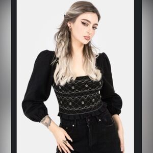 Disturbia Blue and Black Embellished Crop Blouse
